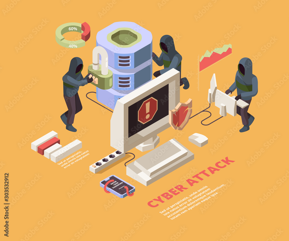 Poster hacking attack. computer viruses or phishing pages cyber data protection vector isometric concept. i