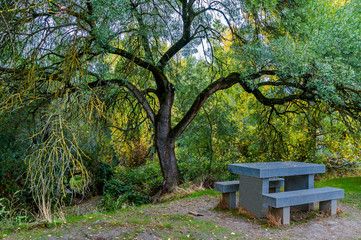 Stone bench in the park of Rio Chico. Las Rozas De Madrid, Madrid, Spain.