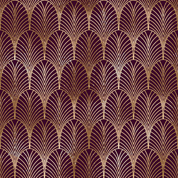 Seamless gold art deco pattern. Geometric vintage purple background