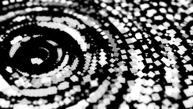 Black and white abstract circles of shimmering squares rotating endlessly. Animation. Abstract hypnotic spiral geometric and dynamic backdrop, seamless loop.