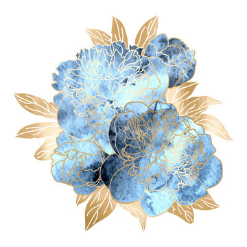 Floral Hand Drawn Floral Background Blue Watercolor And Gold Peony Flowers