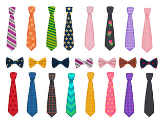 Tie collection. Men suits accessories bows and ties fashioned vector illustrations. Necktie accessory, clothes striped, tie bow collection - obrazy, fototapety, plakaty