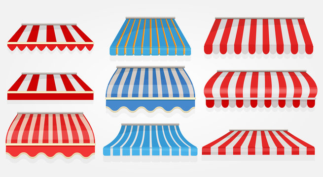 Stripped window canopy. Roof of grocery cafe stored shopping tent outdoor collection vector pictures. Sunshade striped, showcase stripped, storefront street design illustration