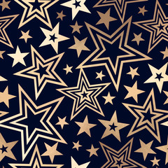 Dark blue seamless pattern with gold metallic foil stars