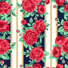 Stripped seamless floral pattern with red roses and gold chains. Trendy fashion background