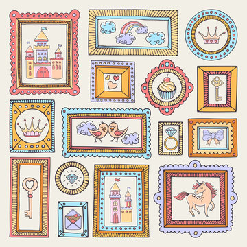 Fairytale hand drawn set of picture frames with castles, birds, unicorn and crowns. Magic colorful collection