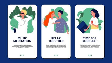 Relax banners. Happy people relaxing meditation pamper themselves. Relax theme for mobile app vector template with flat characters. Illustration relaxation people, relax lifestyle