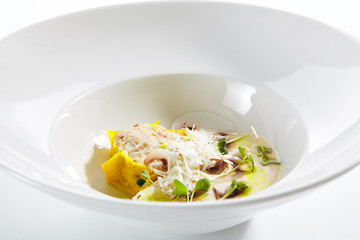 Crab Meat Ravioli and Porcini Mushroom Espuma