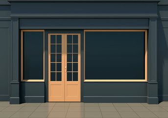 Classic black shopfront with large windows and yellow door. Small business black friday store facade 