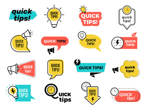 Quick tips badges. Graphic stickers ideas reminders quickly thinks solutions learning logos vector collection. Quick tips badge, advice and idea illustration