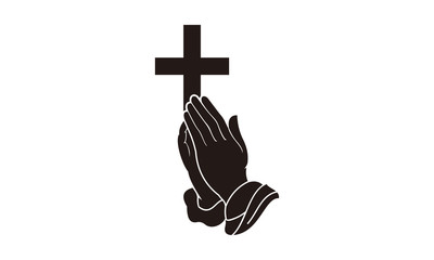 Praying hand holding cross. Religion, Church vector logo - obrazy, fototapety, plakaty