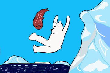 a white bear & a seal playing on iceberg