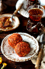 Turkish delight with saffron and traditional Turkish tea