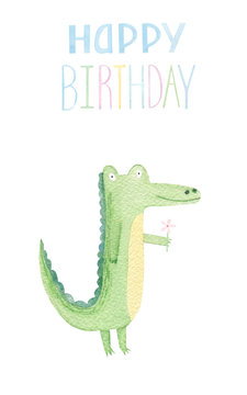 Cute aligator hand painted watercolor illustration. Crocodiles baby isolated on white background. Happy birthday card. Kids Watercolor Style Crocodile with flower.