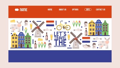 Netherlands travel icons, vector illustration. Tour agency website design, landing page template in colors of Dutch flag. Main symbols of Holland windmill, bicycle, tulips - obrazy, fototapety, plakaty