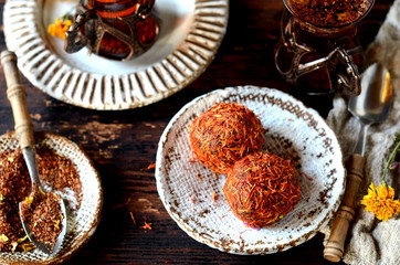 Turkish delight with saffron and traditional Turkish tea