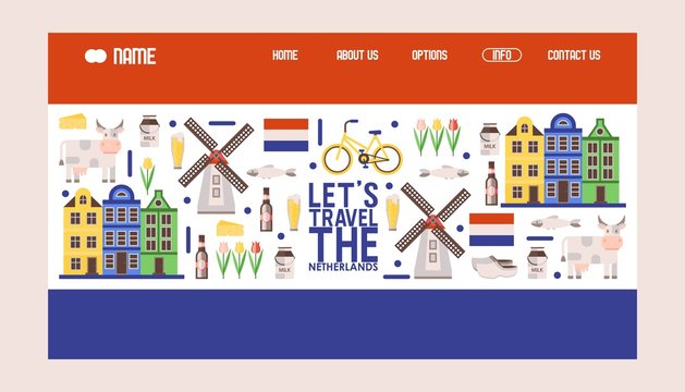 Netherlands travel icons, vector illustration. Tour agency website design, landing page template in colors of Dutch flag. Main symbols of Holland windmill, bicycle, tulips