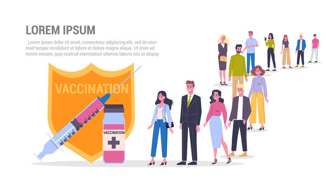 Vector Illustration Of Big Queue Of People Standing Towards A Vaccination.