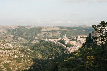 selective focus of green trees on hill and small houses in ragusa, italy