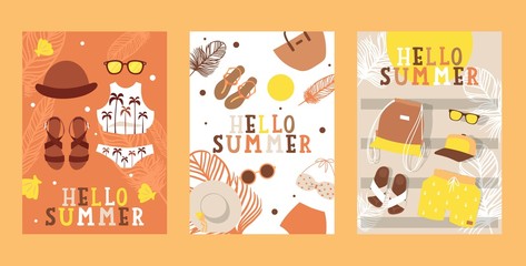 Summertime vacation banners, vector illustration. Travel agency flyer, simple icons of vacation fashion accessories. Tour advertisement, seaside and beach leisure
