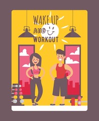 Motivational workout poster, vector illustration. Happy man and woman after losing weight in gym. Typography phrase wake up and workout. Inspiration for active healthy lifestyle