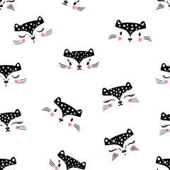 Little cute leopard cat Seamless Pattern for kids. Doodle kitten face. Cat head. Cartoon Animal Vector illustration in Scandinavian style