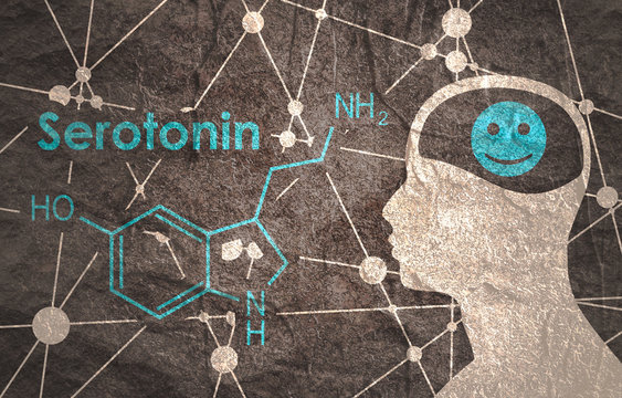 Chemical molecular formula hormone serotonin. Silhouette of a man head. Connected lines with dots background.