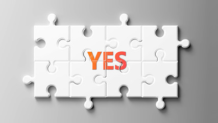 Yes complex like a puzzle - pictured as word Yes on a puzzle pieces to show that Yes can be difficult and needs cooperating pieces that fit together, 3d illustration