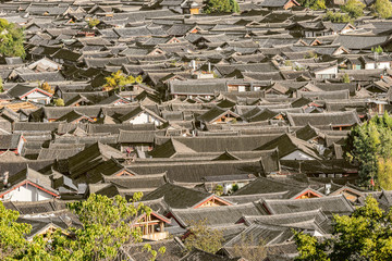 Aerial view of the historical city center. Lijiang. China.