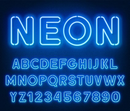 Neon rounded blue font, glowing alphabet with numbers. on a dark background.