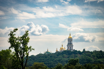 Golden domes of the Bell Tower of the Far Caves in the Kiev Pechersk Lavra of the Orthodox Church