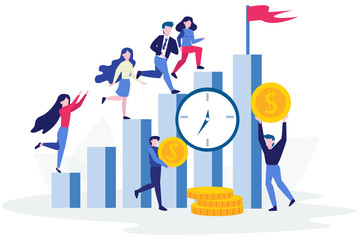 People stand on the growth bar chart. Idea of achievement and