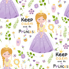 Seamless pattern with princess and lettering