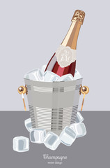 Red champagne bottle with two crystal wine glasses in an ice bucket, sparkling wine, celebratory drink, birthday drink,  vector illustration.