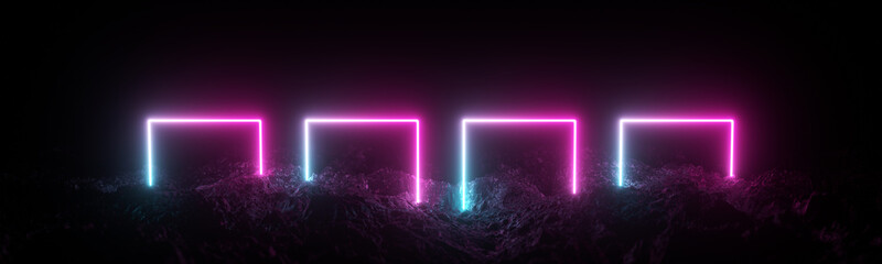 Futuristic retro square neon light glowing on rocky ground, large banner, 3d render, black background, Pink blue color.