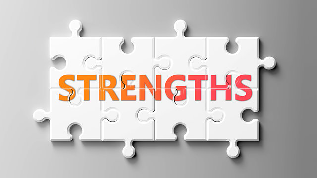Strengths complex like a puzzle - pictured as word Strengths on a puzzle pieces to show that Strengths can be difficult and needs cooperating pieces that fit together, 3d illustration