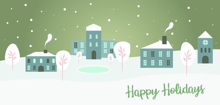 Happy Winter Holidays and Merry Christmas greetings postcard design. Cozy winter evening village with snowfall vector merry xmas greeting picture. Snow-covered small city houses, trees and ice rink.