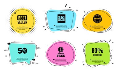 80% Discount. Best seller, quote text. Sale offer price sign. Special offer symbol. Quotation bubble. Banner badge, texting quote boxes. Discount text. Coupon offer. Vector