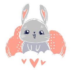 Hand Drawn Cute Bunny, print design rabbit, children print on t-shirt. Vector illustration.