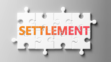 Settlement complex like a puzzle - pictured as word Settlement on a puzzle pieces to show that Settlement can be difficult and needs cooperating pieces that fit together, 3d illustration