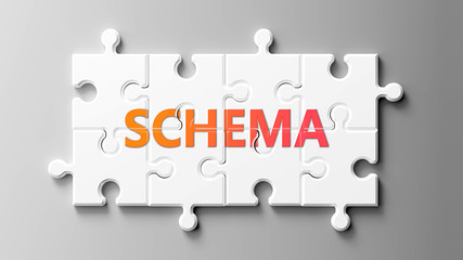 Schema complex like a puzzle - pictured as word Schema on a puzzle pieces to show that Schema can be difficult and needs cooperating pieces that fit together, 3d illustration