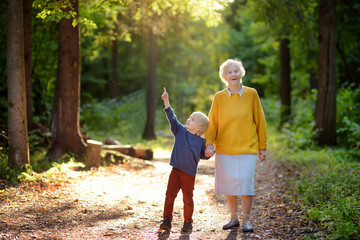 Elderly grandmother and her little grandchild walking together in sunny summer park. Grandma and grandson. - obrazy, fototapety, plakaty