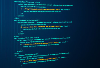 React Coding, Computer Language. Javascript. Java source code. Programming code on the screen
