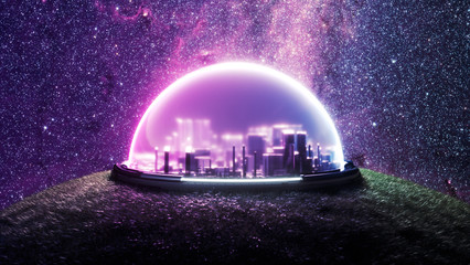 Isolated encapsulated futuristic city on landscape with vegetation on new habitable planet with life, 3d render, space colonization concept with space background and purple pink glowing neon.