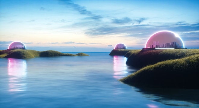 abstract encapsulated cities, on earth or on new habitable planet with life and water, on island, isolation of human pollution, global warming concept, rising water, 3d render, sunset background