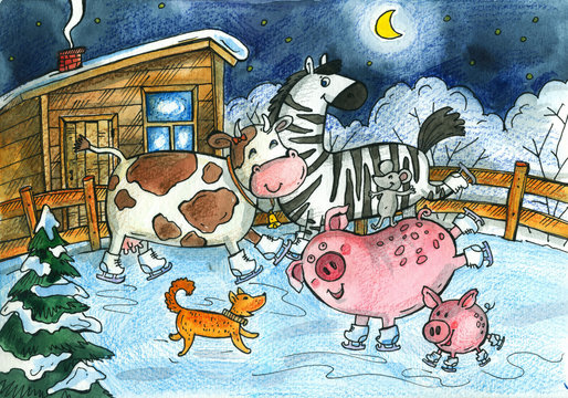 Winter postcard with animals on the farm. Cow, Zebra, pig ice skating. Animalistic watercolor illustration