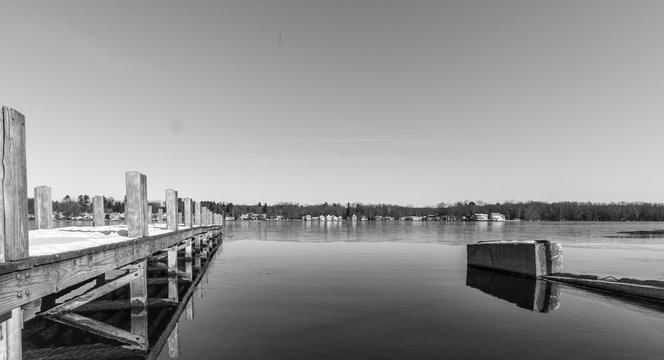 black and white of pier at Chautauqua lake in celeron new york 