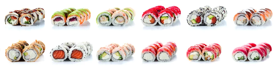 Selbstklebende Fototapeten Sushi Rolls Set, Maki, Philadelphia und California Rolls, auf weißem Hintergrund. © smspsy