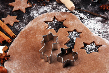 Baking christmas cookies. Typical cinnamon stars bakery with spices. xmas decoration on table