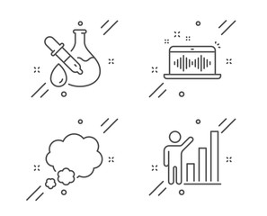 Chemistry experiment, Music making and Talk bubble line icons set. Graph chart sign. Laboratory flask, Dj app, Chat message. Growth report. Education set. Vector